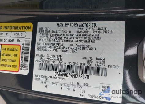 2015 Ford Fusion S z USA, uszkodzony, nr VIN 3FA6P0G79FR273378